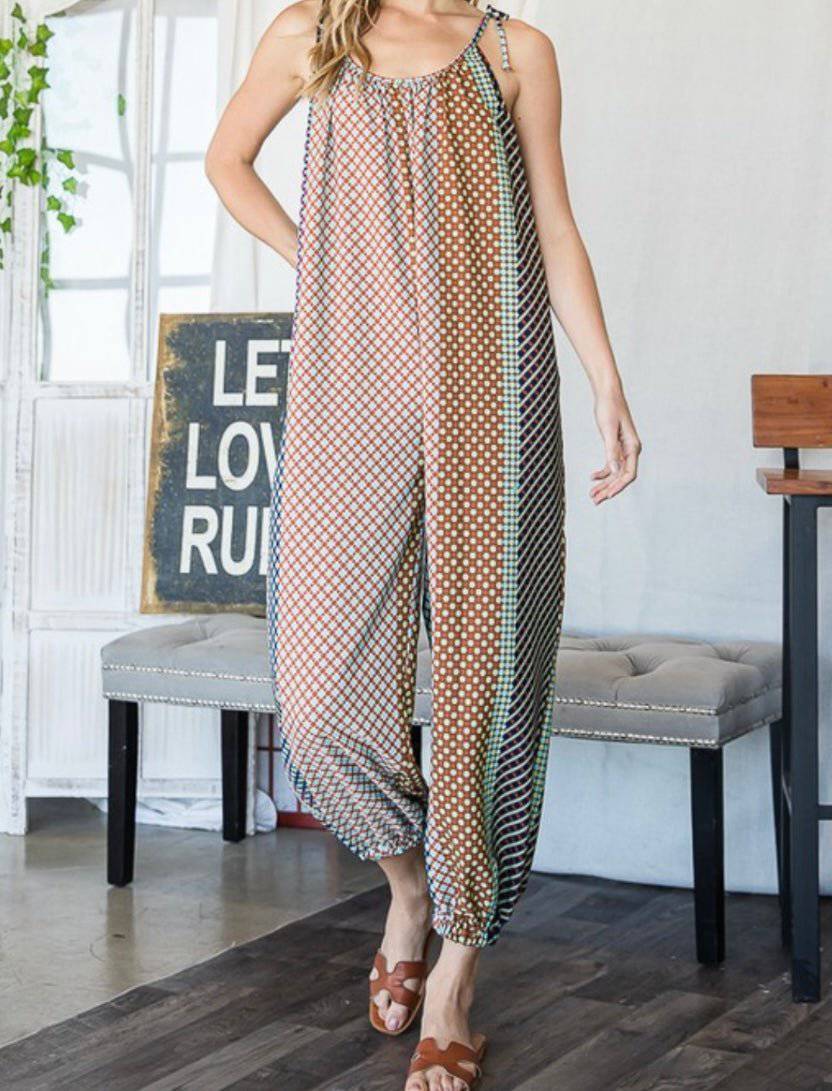 Geo Print Draped Jumpsuit with Adjustable Straps - Size Down Styler - Bella Boutique & Bellasbylola.com