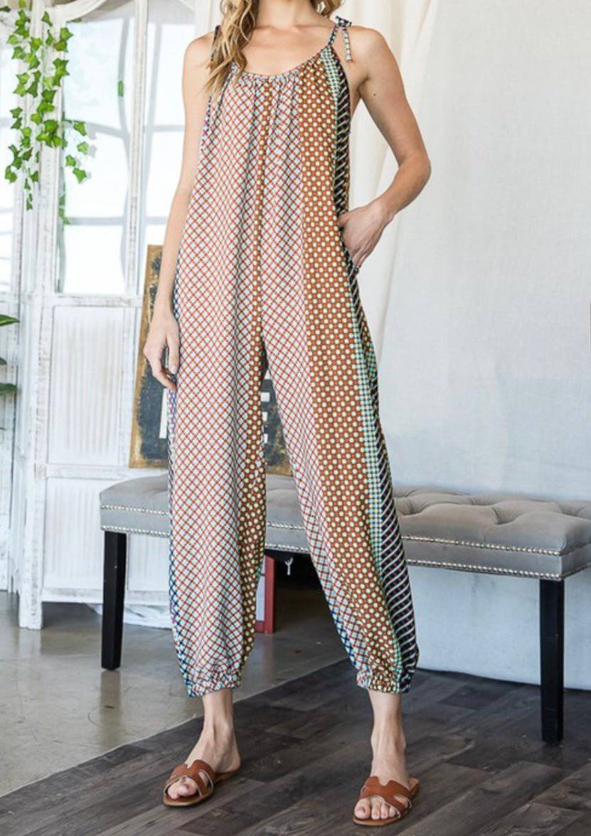 Geo Print Draped Jumpsuit with Adjustable Straps - Size Down Styler - Bella Boutique & Bellasbylola.com