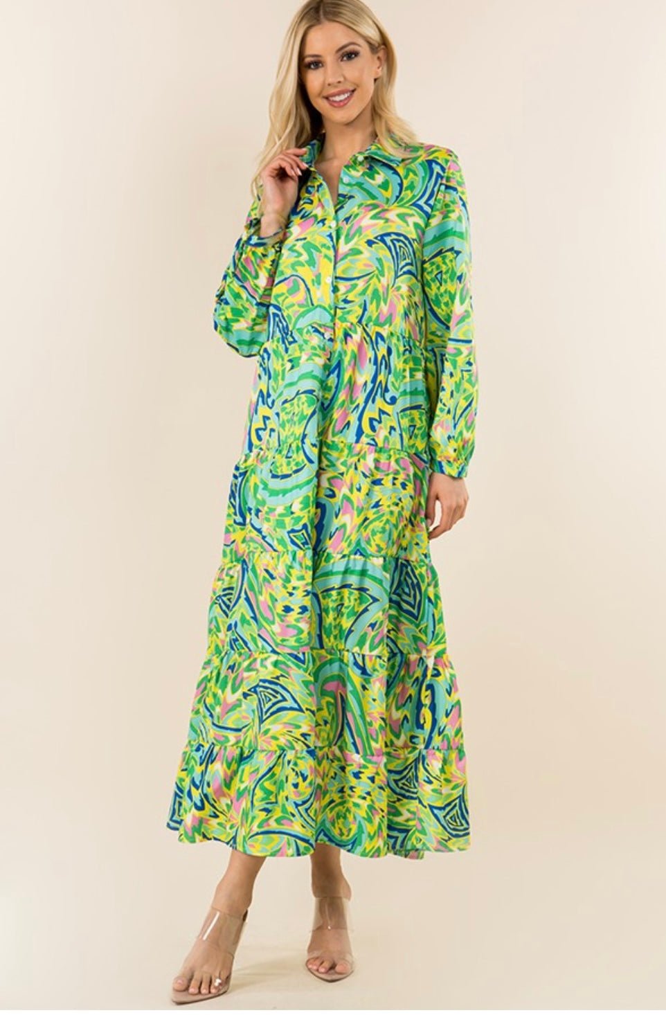 Multi Green Maxi Long Sleeve Shirt Dress - Bella Boutique & Bellasbylola.com
