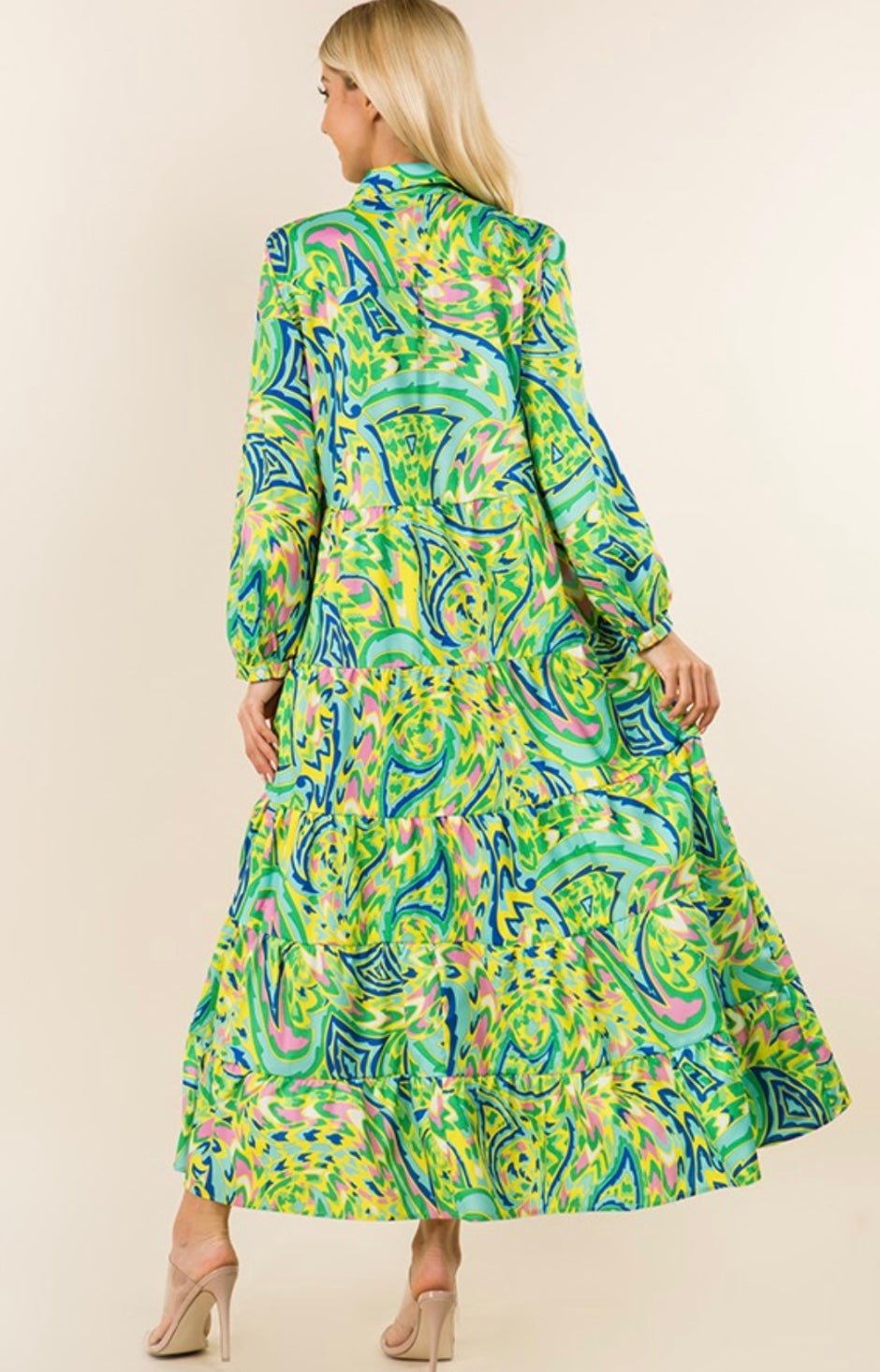 Multi Green Maxi Long Sleeve Shirt Dress - Bella Boutique & Bellasbylola.com