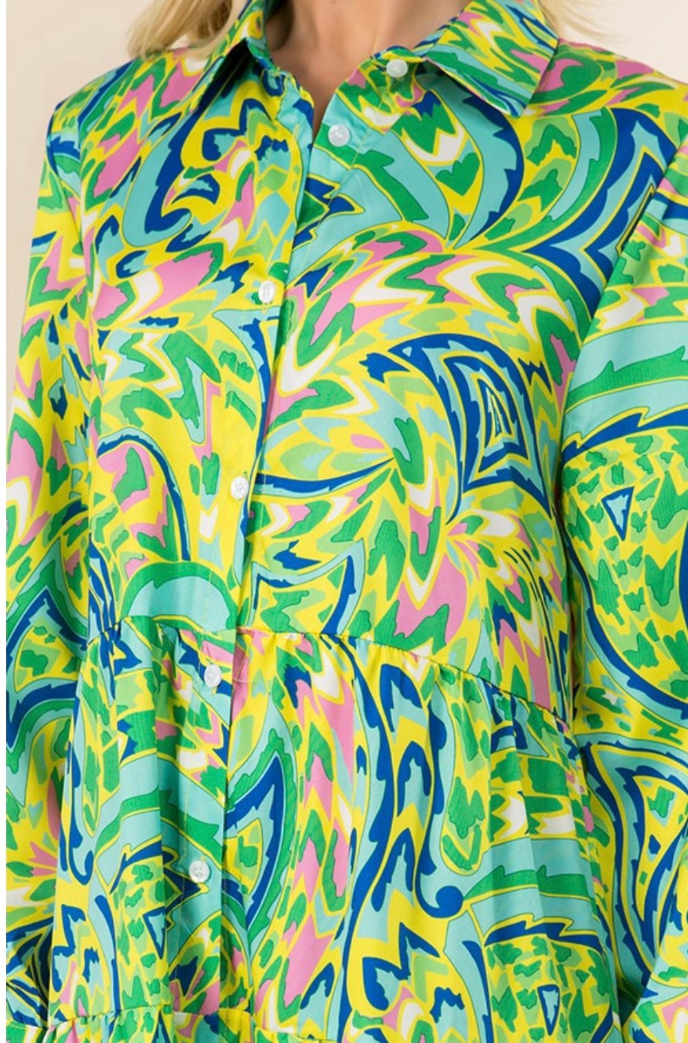 Multi Green Maxi Long Sleeve Shirt Dress - Bella Boutique & Bellasbylola.com
