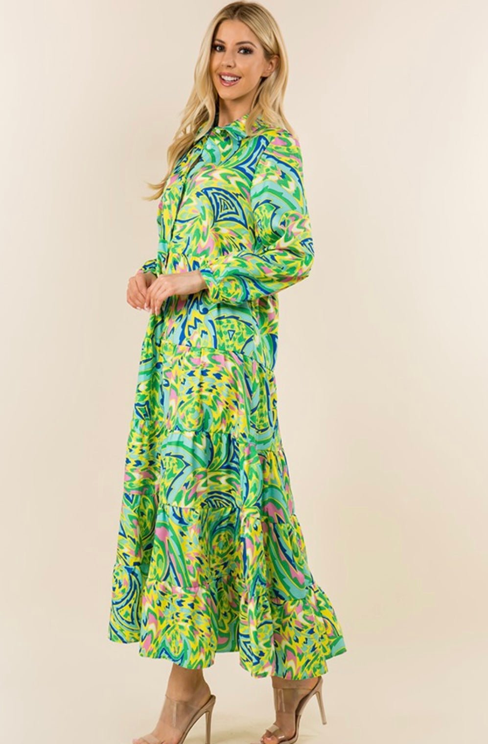 Multi Green Maxi Long Sleeve Shirt Dress - Bella Boutique & Bellasbylola.com