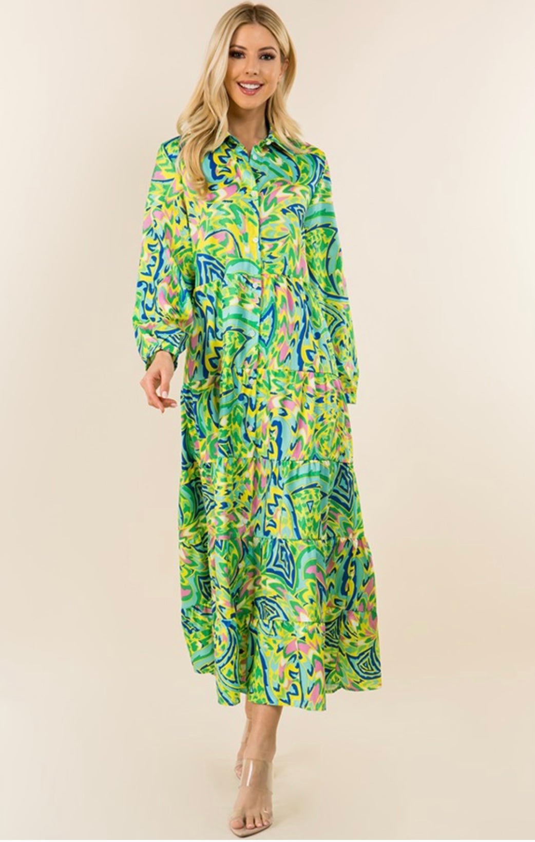 Multi Green Maxi Long Sleeve Shirt Dress - Bella Boutique & Bellasbylola.com