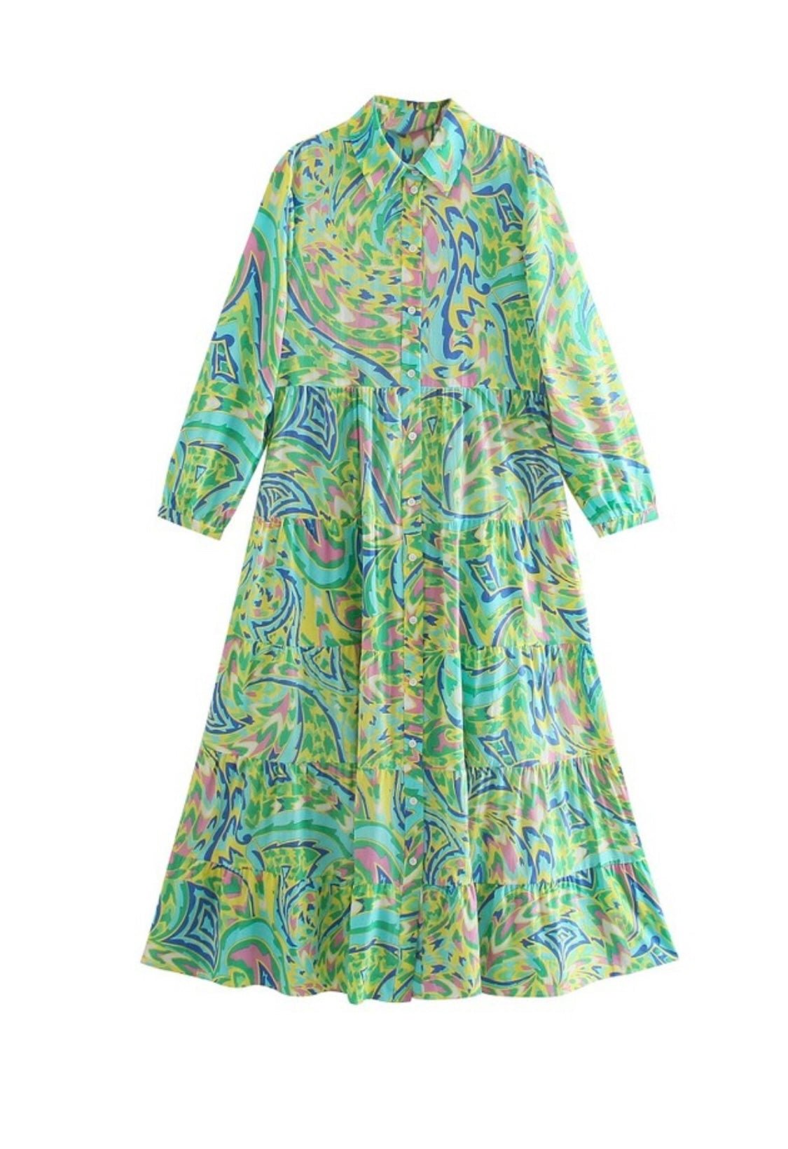 Multi Green Maxi Long Sleeve Shirt Dress - Bella Boutique & Bellasbylola.com