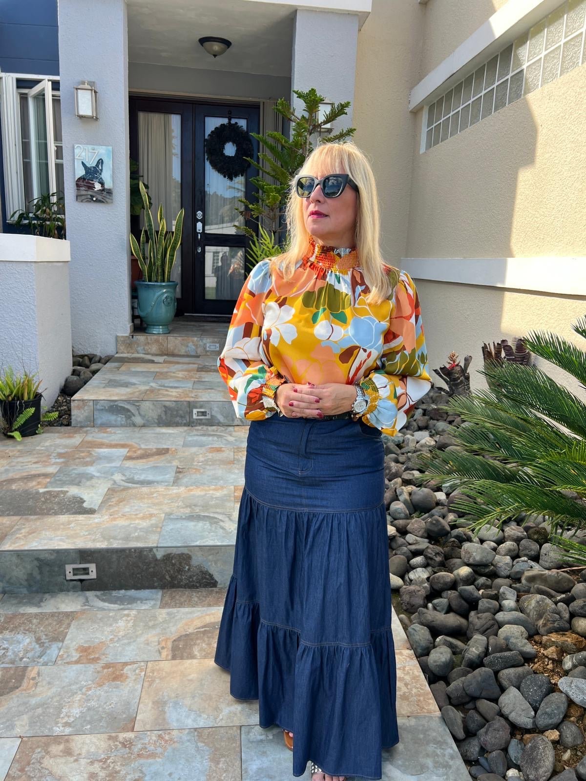 Timeless Style Mustard Mix Top with Smocked Neck & Peasant Sleeves - Bella Boutique & Bellasbylola.com