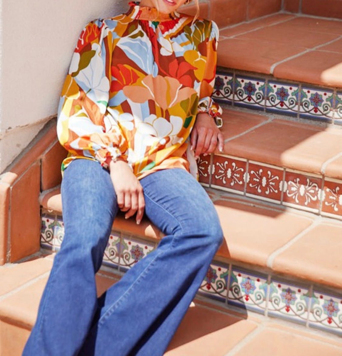 Timeless Style Mustard Mix Top with Smocked Neck & Peasant Sleeves - Bella Boutique & Bellasbylola.com