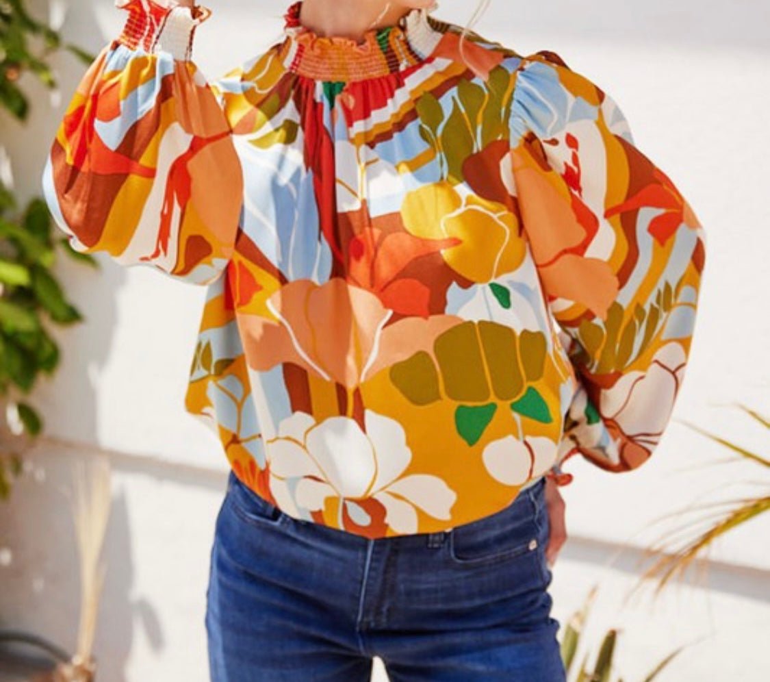 Timeless Style Mustard Mix Top with Smocked Neck & Peasant Sleeves - Bella Boutique & Bellasbylola.com