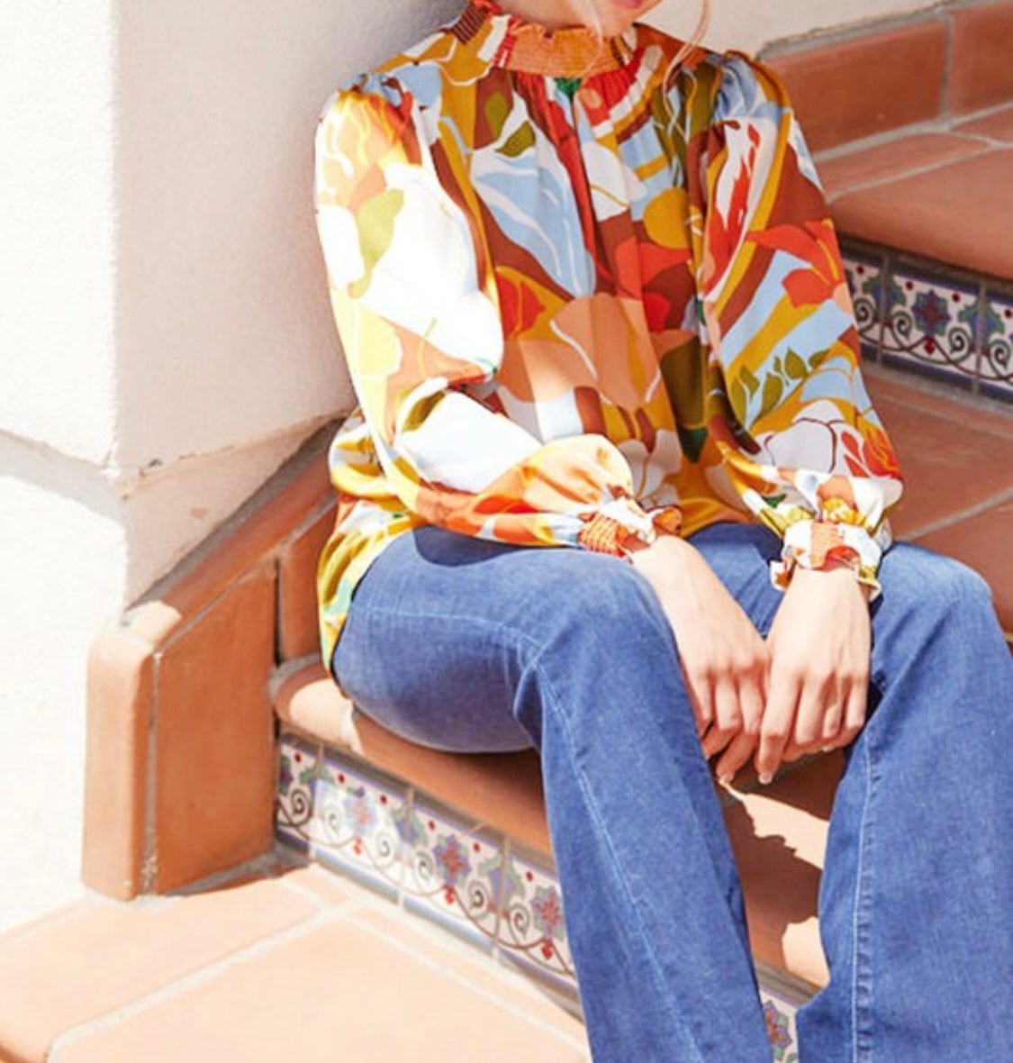 Timeless Style Mustard Mix Top with Smocked Neck & Peasant Sleeves - Bella Boutique & Bellasbylola.com