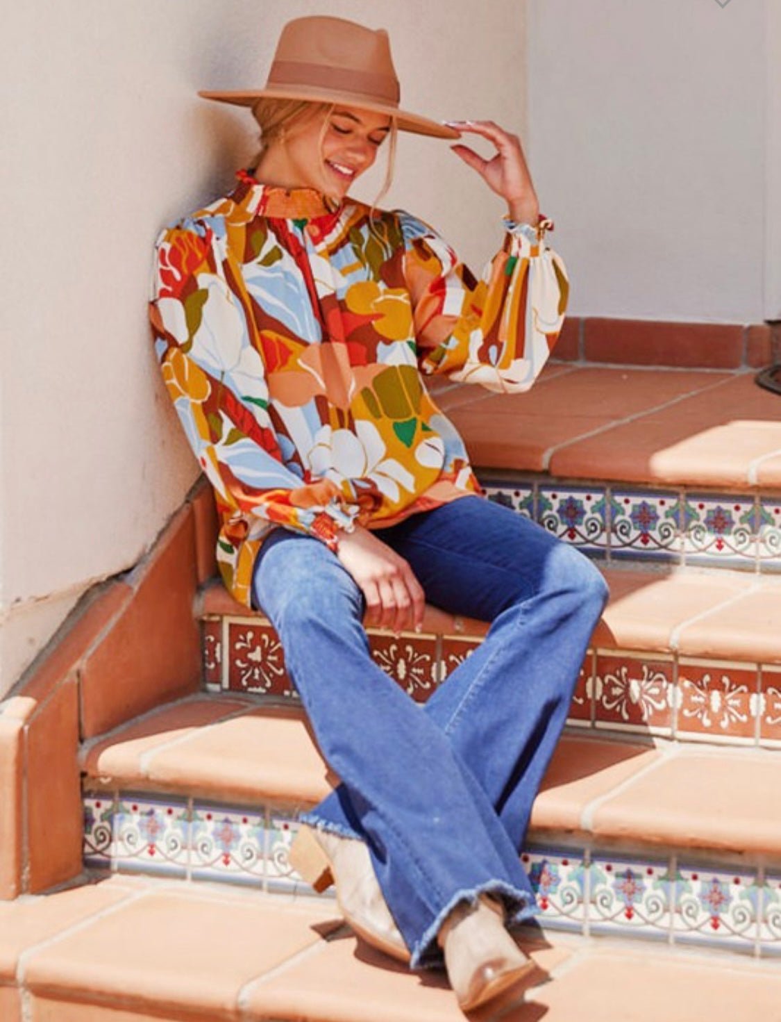 Timeless Style Mustard Mix Top with Smocked Neck & Peasant Sleeves - Bella Boutique & Bellasbylola.com