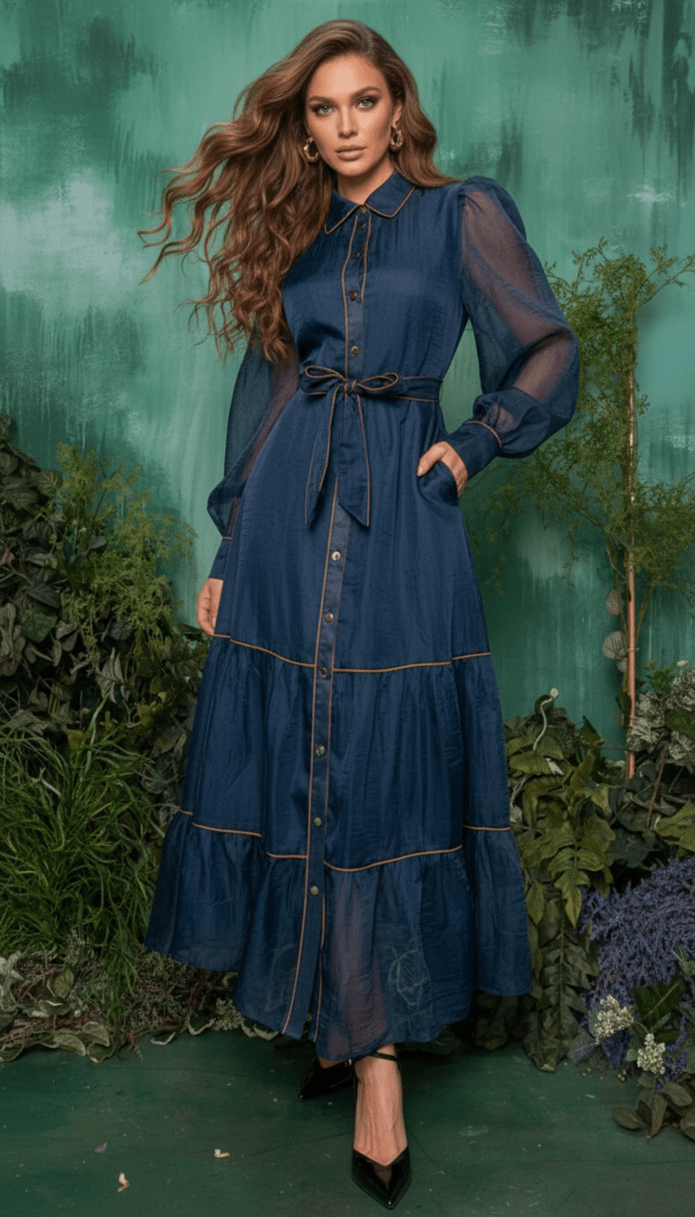 Navy Blue Sheer button down long cuff sleeves long dress with belt - Bella Boutique & Bellasbylola.com
