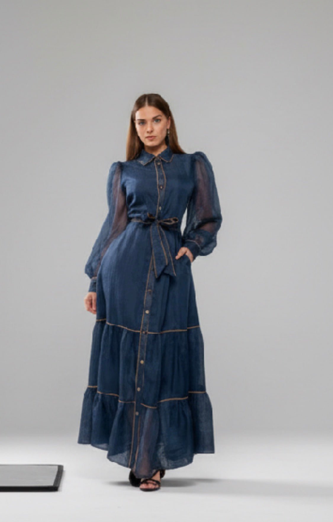Navy Blue Sheer button down long cuff sleeves long dress with belt - Bella & Bellasbylola.com