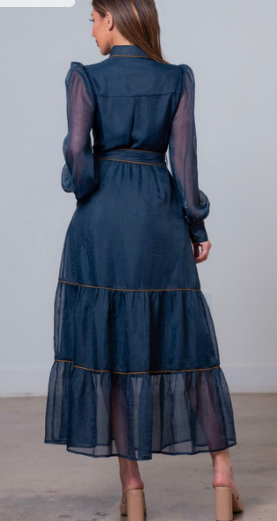 Sheer button down long cuff sleeves long dress with belt - Bella Boutique & Bellasbylola.com