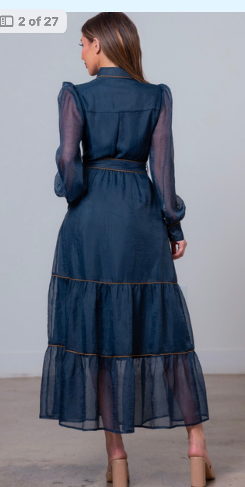 Sheer button down long cuff sleeves long dress with belt - Bella Boutique & Bellasbylola.com