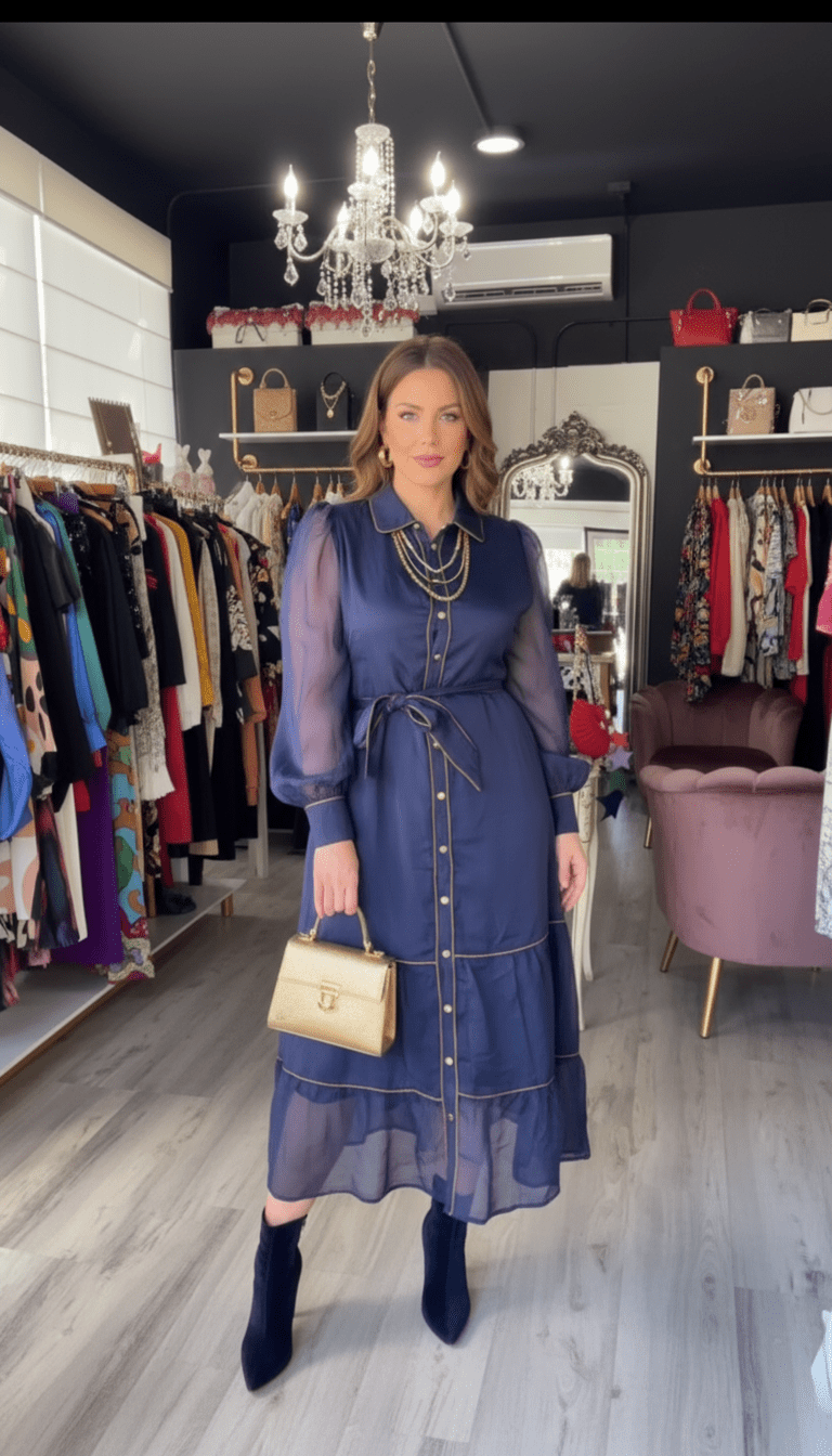 Navy Blue Sheer button down long cuff sleeves long dress with belt - Bella Boutique & Bellasbylola.com