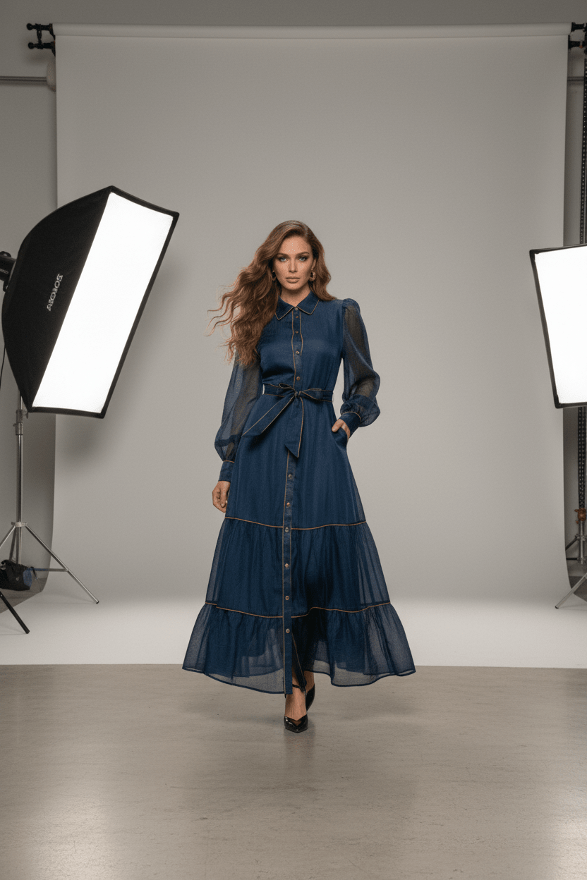 Navy Blue Sheer button down long cuff sleeves long dress with belt - Bella & Bellasbylola.com