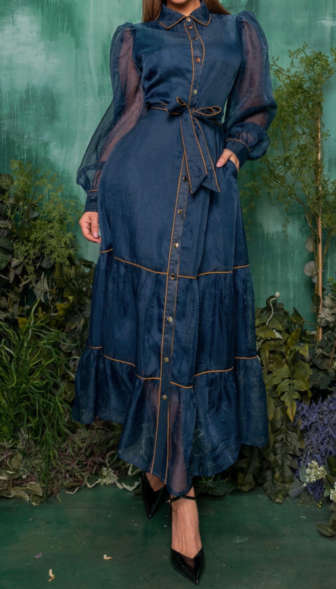 Sheer button down long cuff sleeves long dress with belt - Bella Boutique & Bellasbylola.com