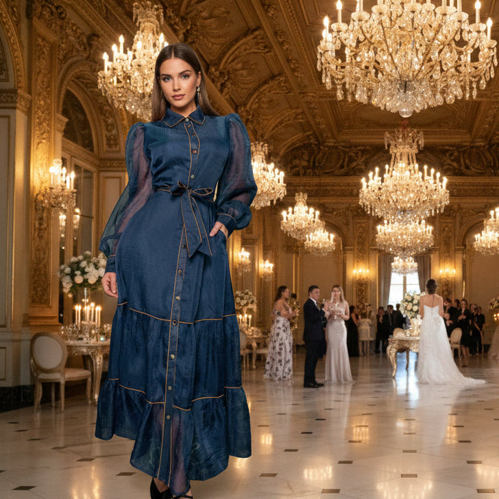 Sheer button down long cuff sleeves long dress with belt - Bella Boutique & Bellasbylola.com