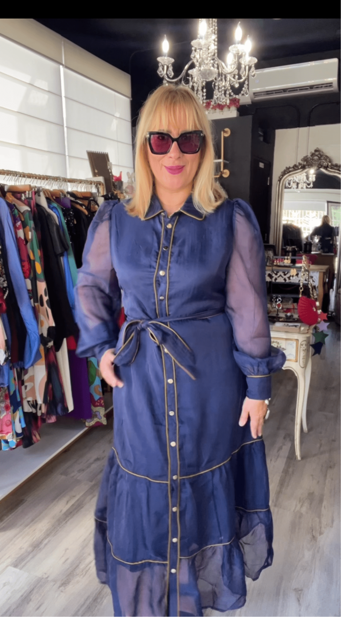 Navy Blue Sheer button down long cuff sleeves long dress with belt - Bella Boutique & Bellasbylola.com