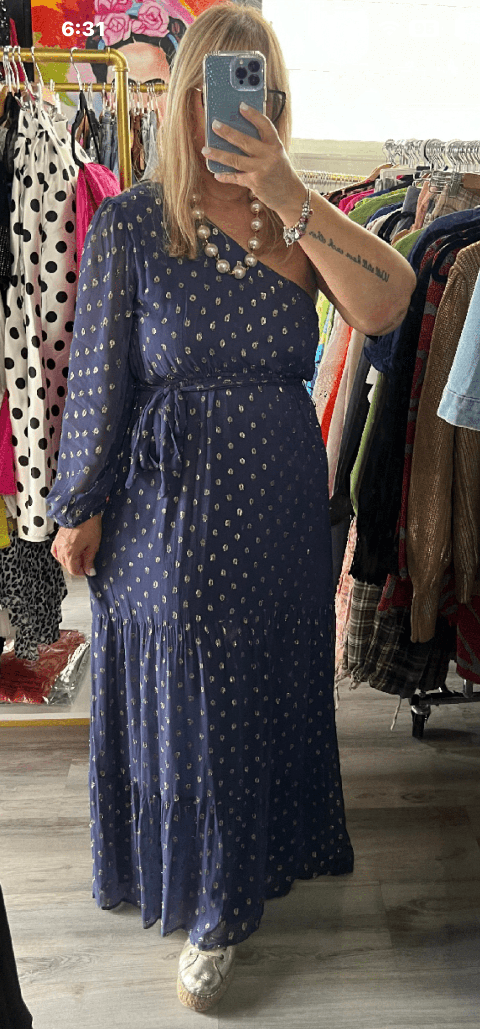 Navy Maxi Dress with Golden Dot Detailing, 100% Rayon, Made in India - BELLASBYLOLA.COM