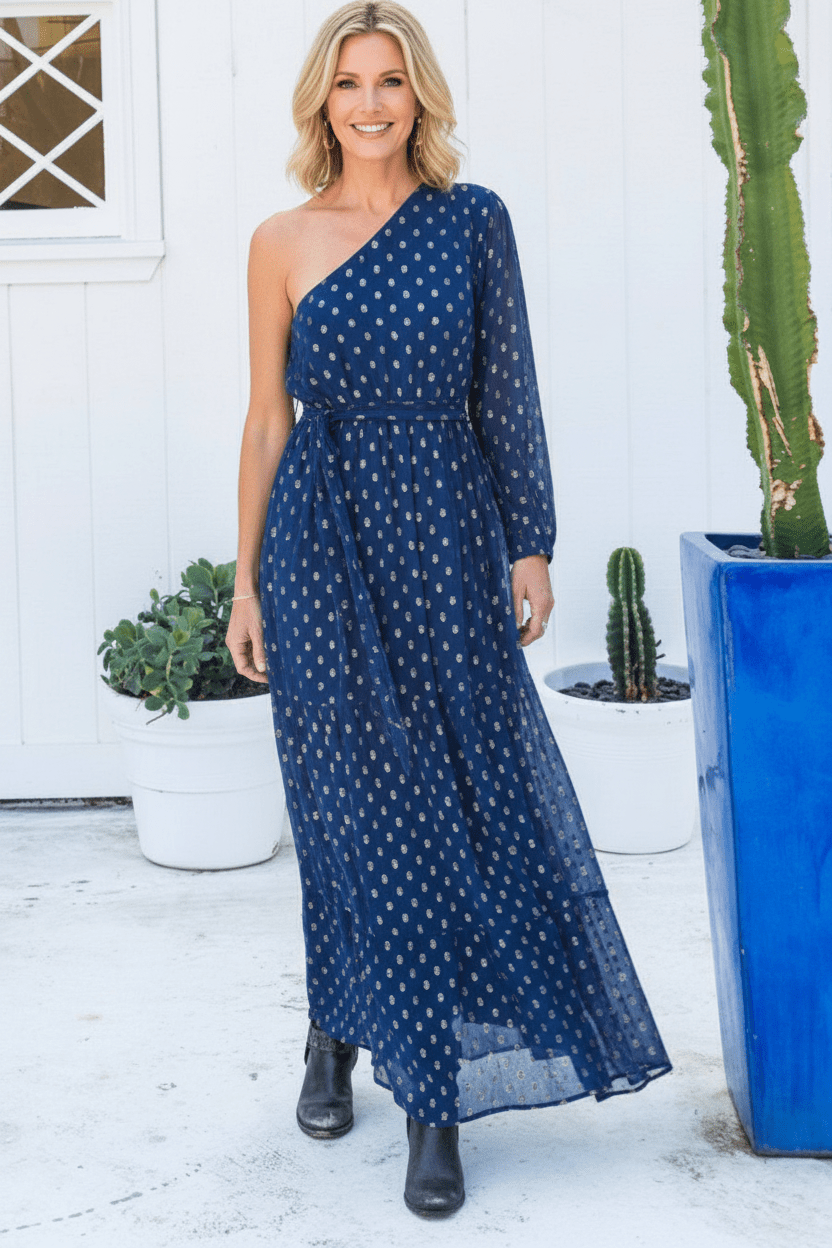 Navy Maxi Dress with Golden Dot Detailing, 100% Rayon, Made in India - BELLASBYLOLA.COM