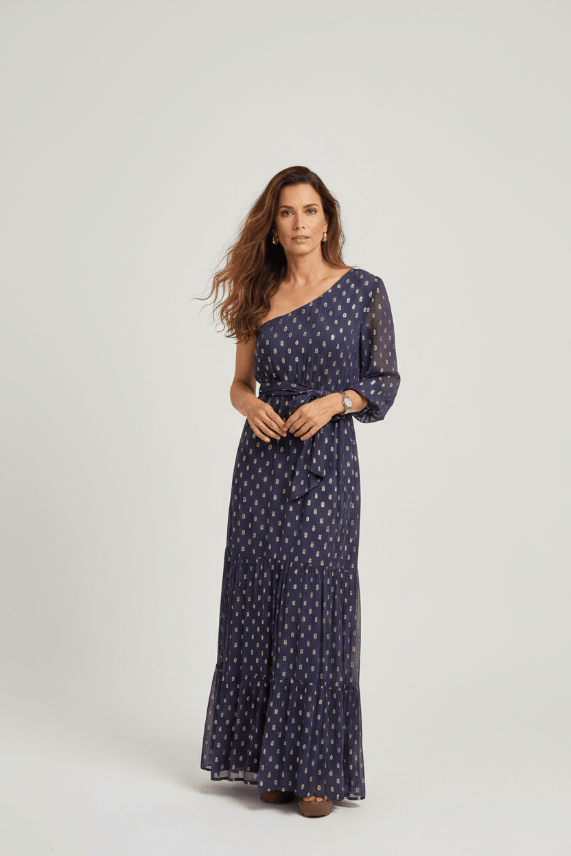 Navy Maxi Dress with Golden Dot Detailing, 100% Rayon, Made in India - BELLASBYLOLA.COM