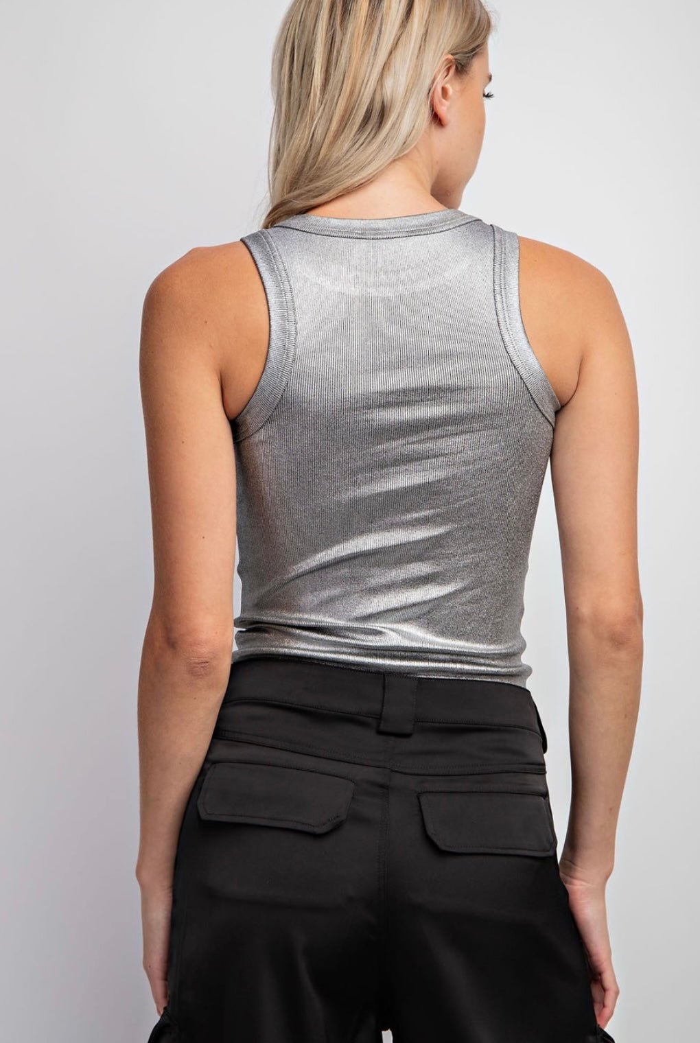 NEW SILVER COATED RIBBED KNIT SLEEVELESS TOP - Bella Boutique & Bellasbylola.com
