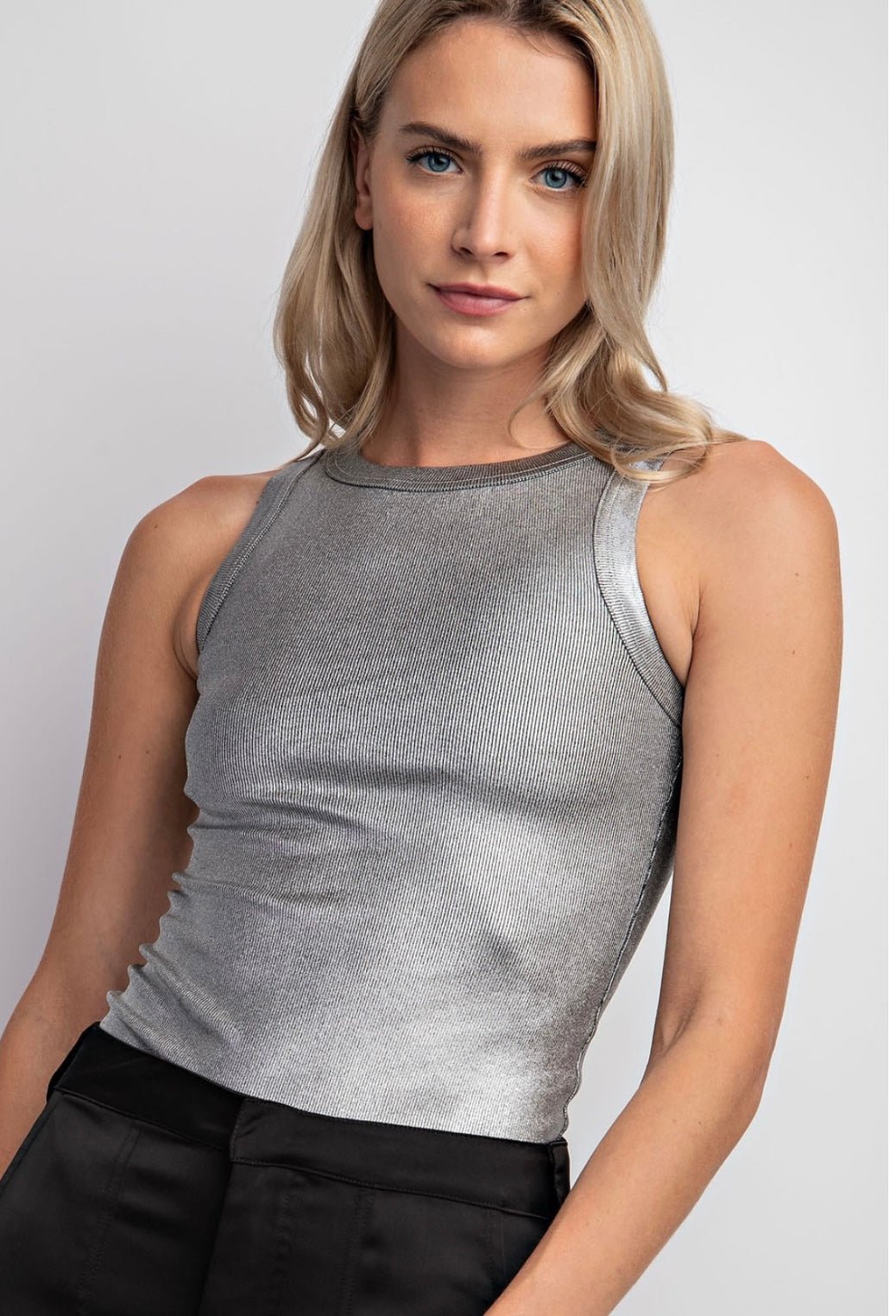 NEW SILVER COATED RIBBED KNIT SLEEVELESS TOP - Bella Boutique & Bellasbylola.com