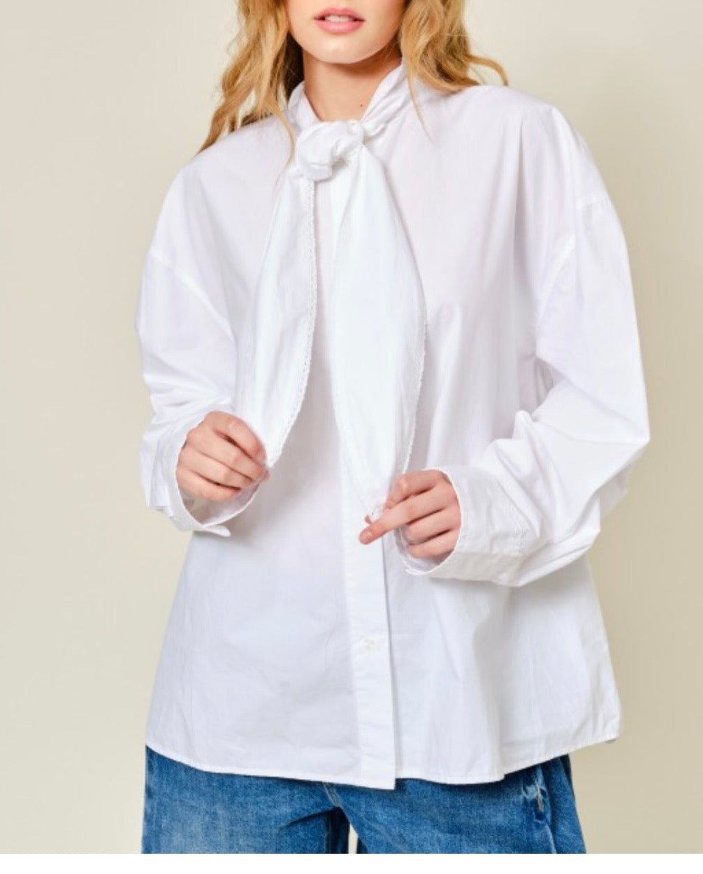 Oversize Fit Front tie White Blouse - Bella Boutique & Bellasbylola.com
