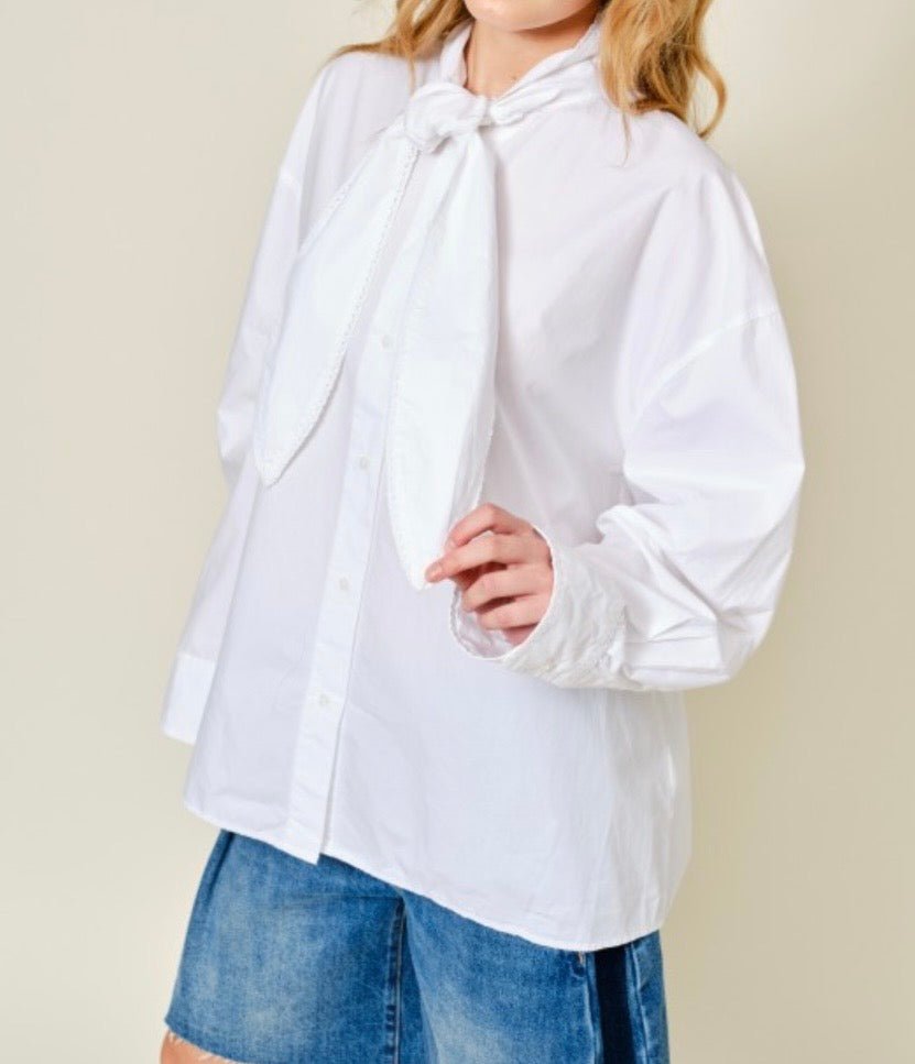 Elegant White Blouse with Oversized Fit and Front Tie Detail - New✨ - Bella Boutique & Bellasbylola.com