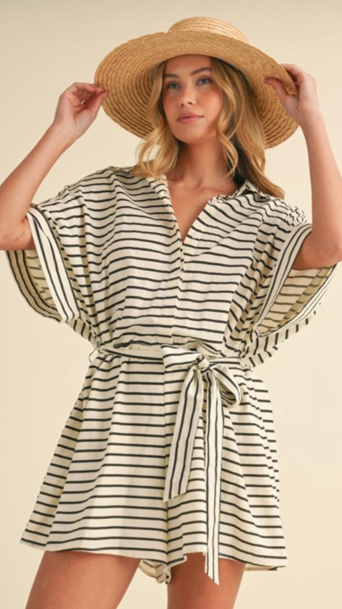 Striped Wide Sleeve Oversized Romper - 70% Cotton, 30% Rayon - 32" Length - True to Size - Bella Boutique & Bellasbylola.com