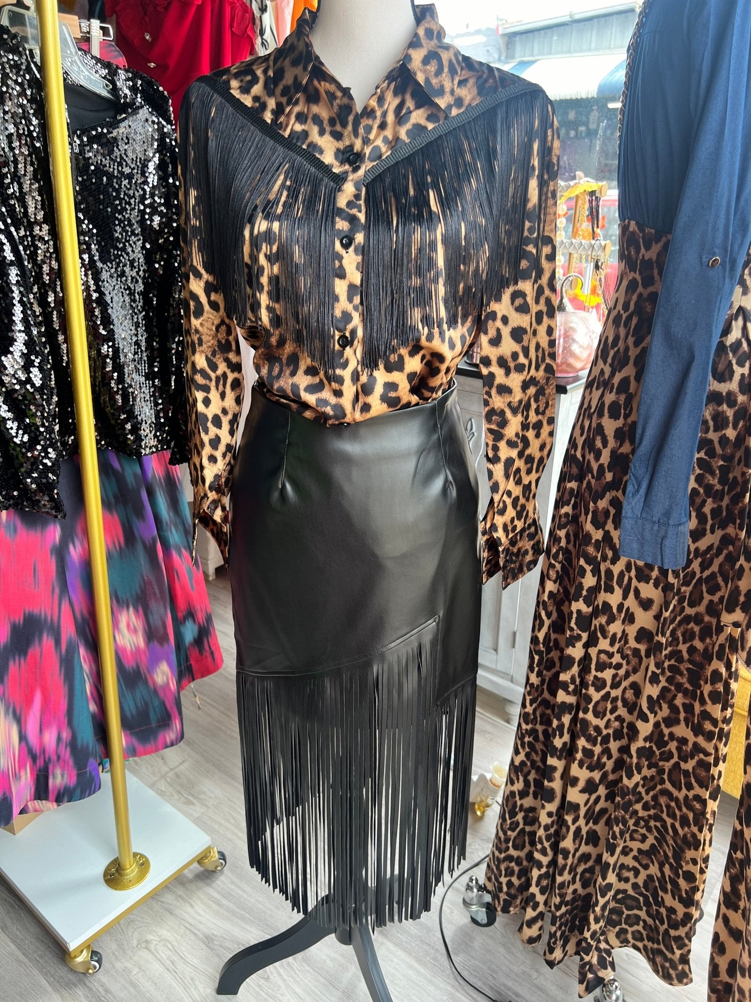 Oversized Western Fringe Animal Print Long Sleeve Satin Blouse - Bella Boutique & Bellasbylola.com