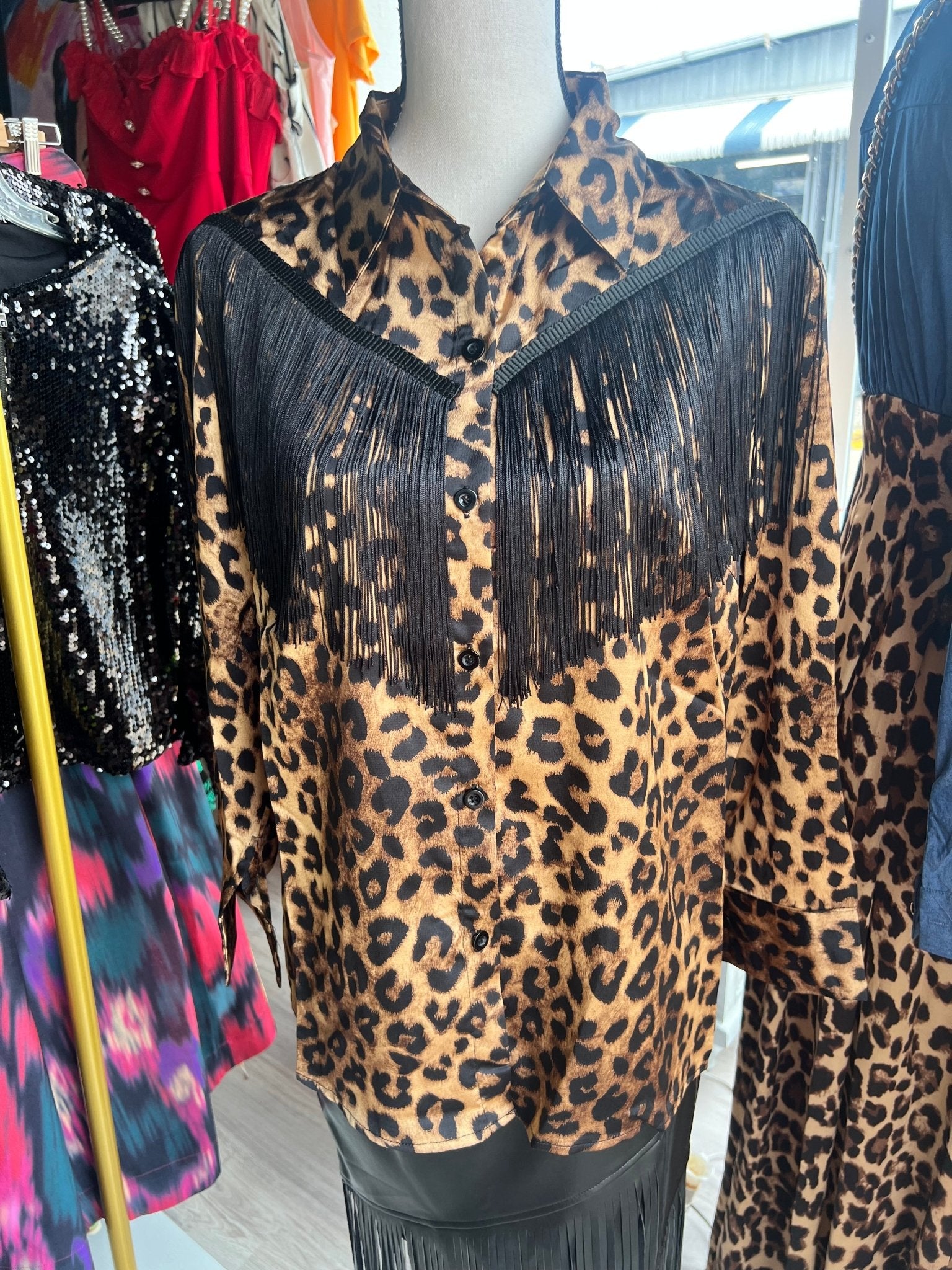 Oversized Western Fringe Animal Print Long Sleeve Satin Blouse - Bella Boutique & Bellasbylola.com