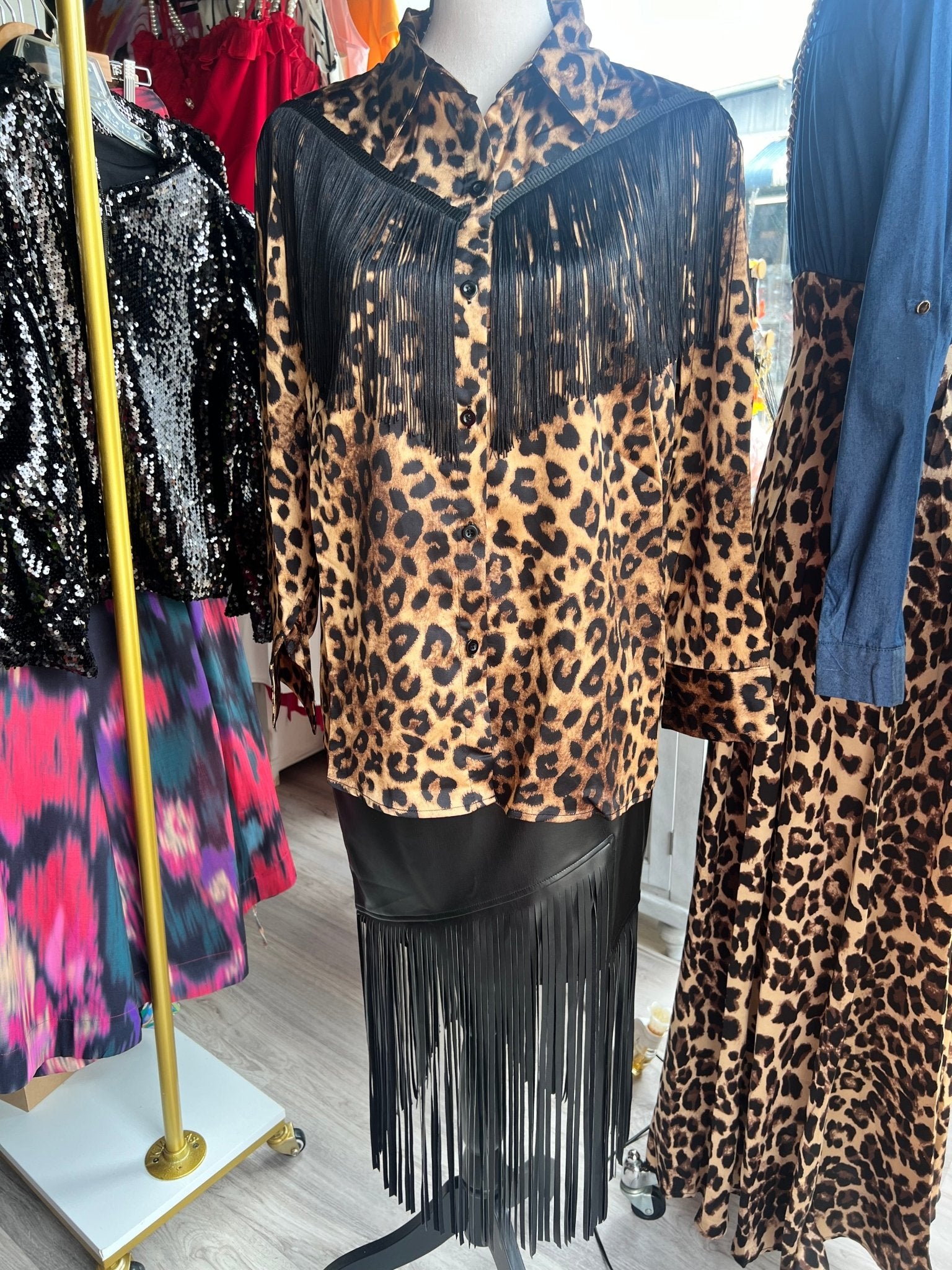 Oversized Western Fringe Animal Print Long Sleeve Satin Blouse - Bella Boutique & Bellasbylola.com