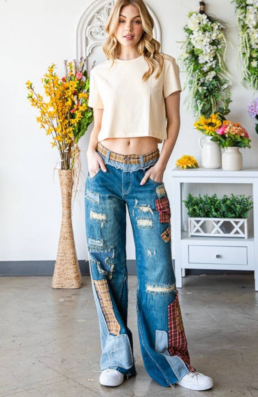 Patch Denim Detail Pants - Premium Clothing - Bella Boutique & Bellasbylola.com