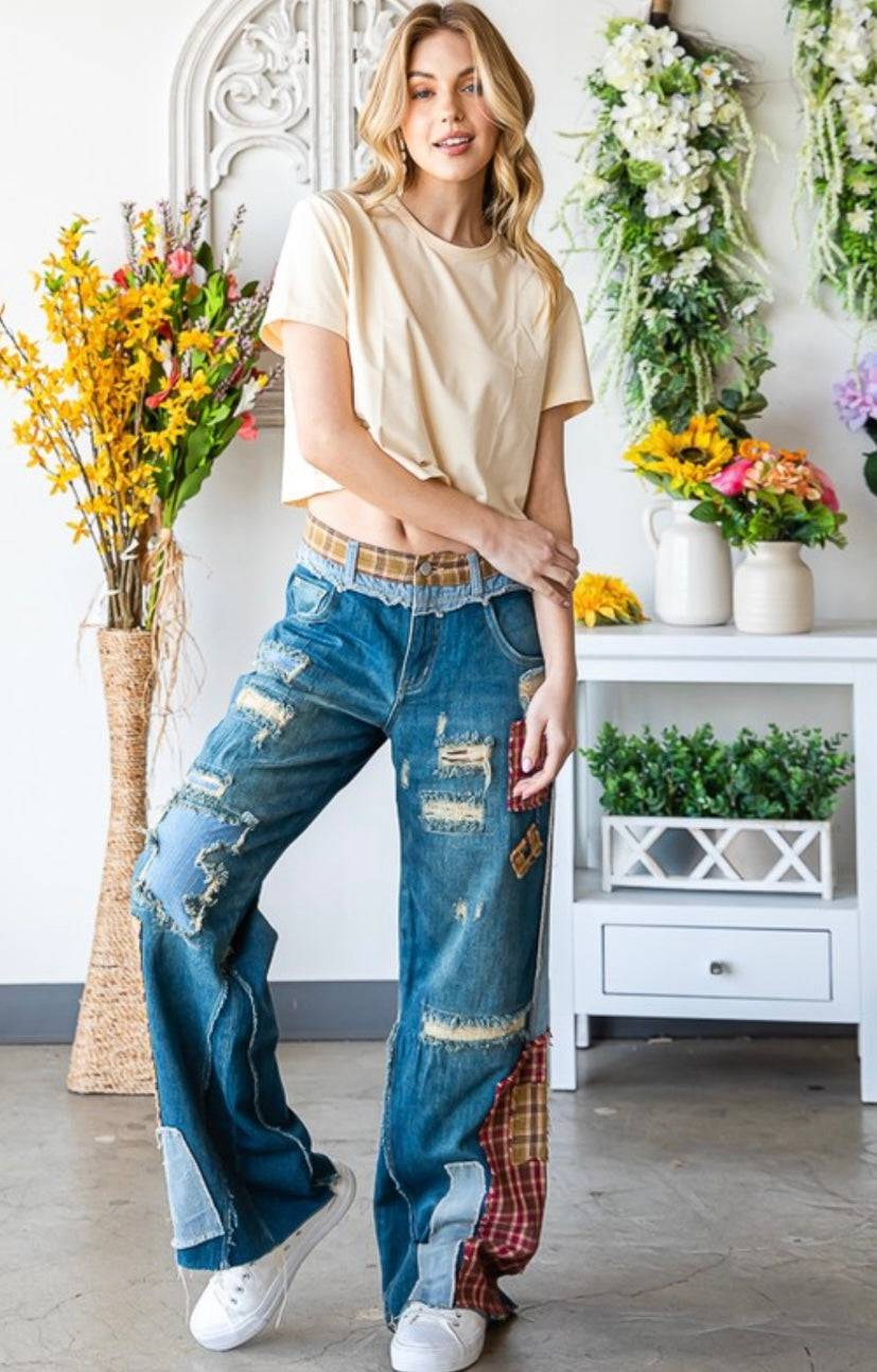 Patch Denim Detail Pants - Premium Clothing - Bella Boutique & Bellasbylola.com