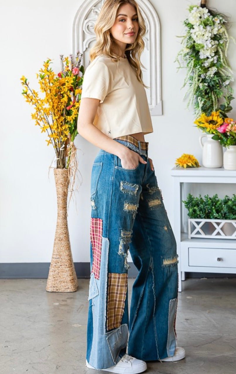 Patch Denim Detail Pants - Premium Clothing - Bella Boutique & Bellasbylola.com