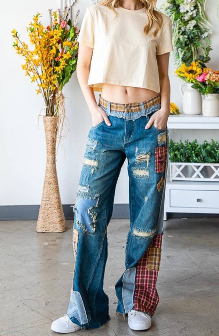 Patch Denim Detail Pants - Premium Clothing - Bella Boutique & Bellasbylola.com