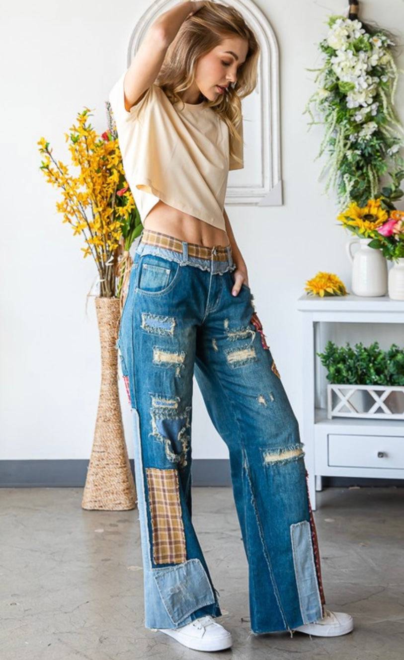 Patch Denim Detail Pants - Premium Clothing - Bella Boutique & Bellasbylola.com