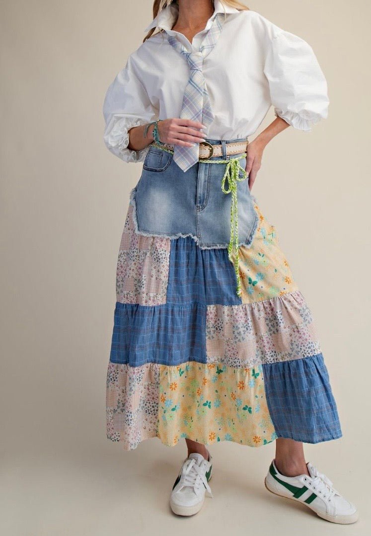 PATCHWORK PRINTED DENIM MAXI SKIRT - Bella & Bellasbylola.com