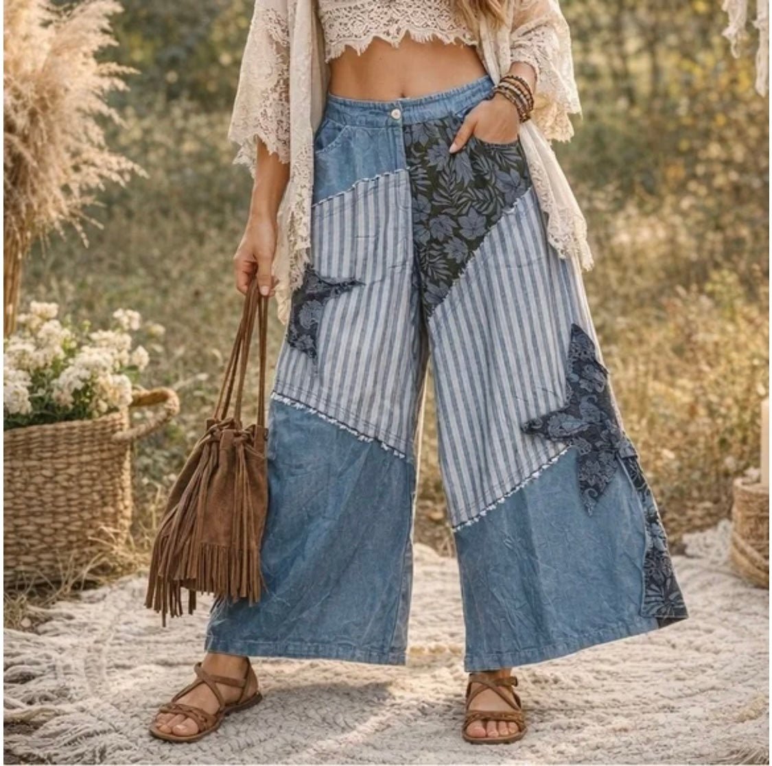 Patchwork Star & Stripes One of a kind Pants - True to size - Premium boutique boho statement pants
