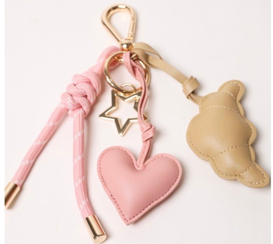 Pink Heart and Beige Croissant Key Chain with Charms - Bella & Bellasbylola.com