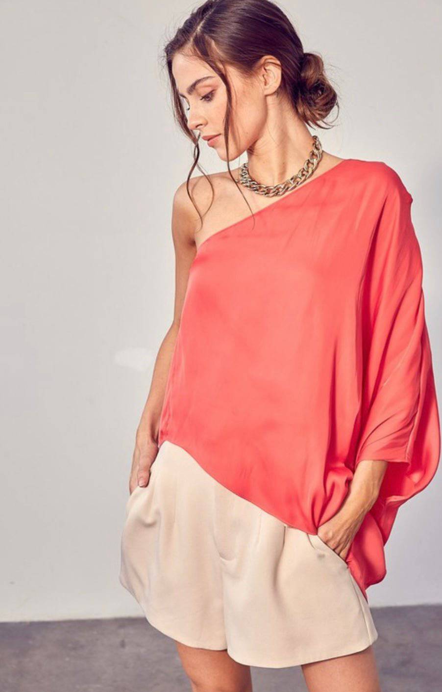 Pink Punch One Shoulder Satin Tunic - Bella Boutique & Bellasbylola.com