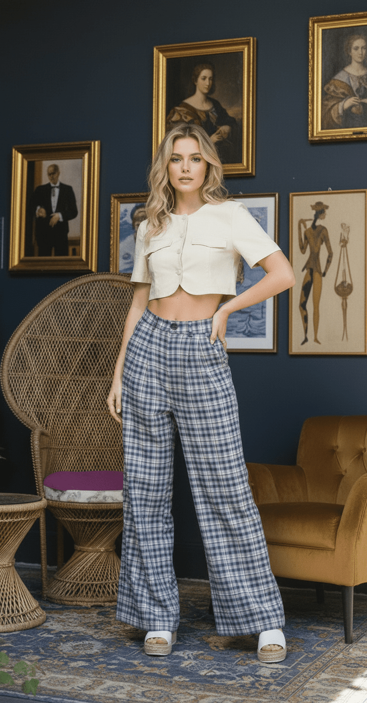Plaid Button - Zip Wide Pants with Pockets & Elastic Waistband - Bella Boutique & Bellasbylola.com