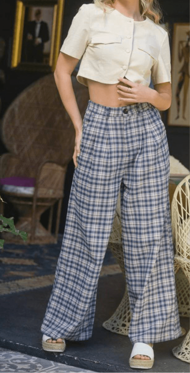Plaid Button-Zip Wide Pants with Pockets & Elastic Waistband - Bella Boutique & Bellasbylola.com