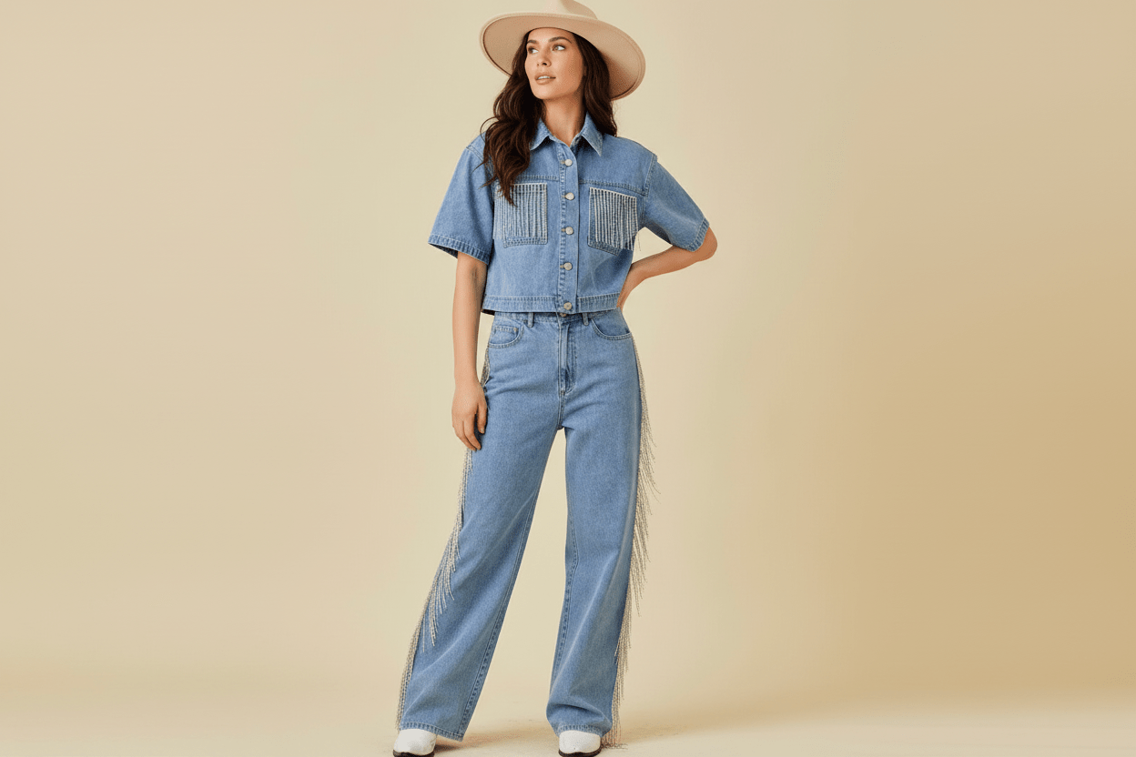 Pocket Falling Rhinestone Trim Denim Crop Shirt - Bella Boutique & Bellasbylola.com