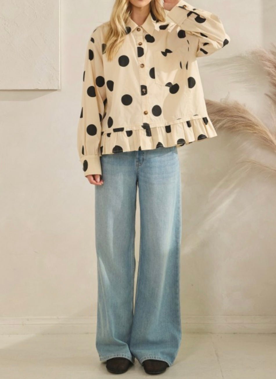 Polka Dot Ruffle Hem Long Sleeve blouse - Bella Boutique & Bellasbylola.com