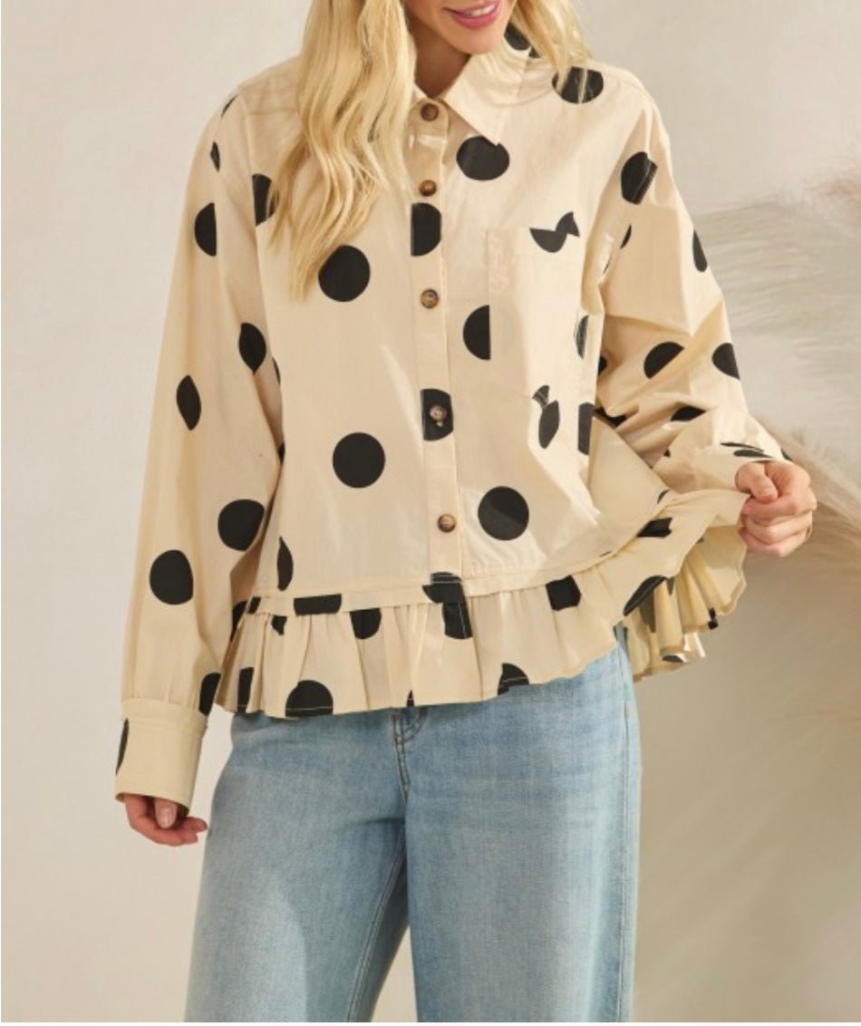 Polka Dot Ruffle Hem Long Sleeve blouse - Bella Boutique & Bellasbylola.com