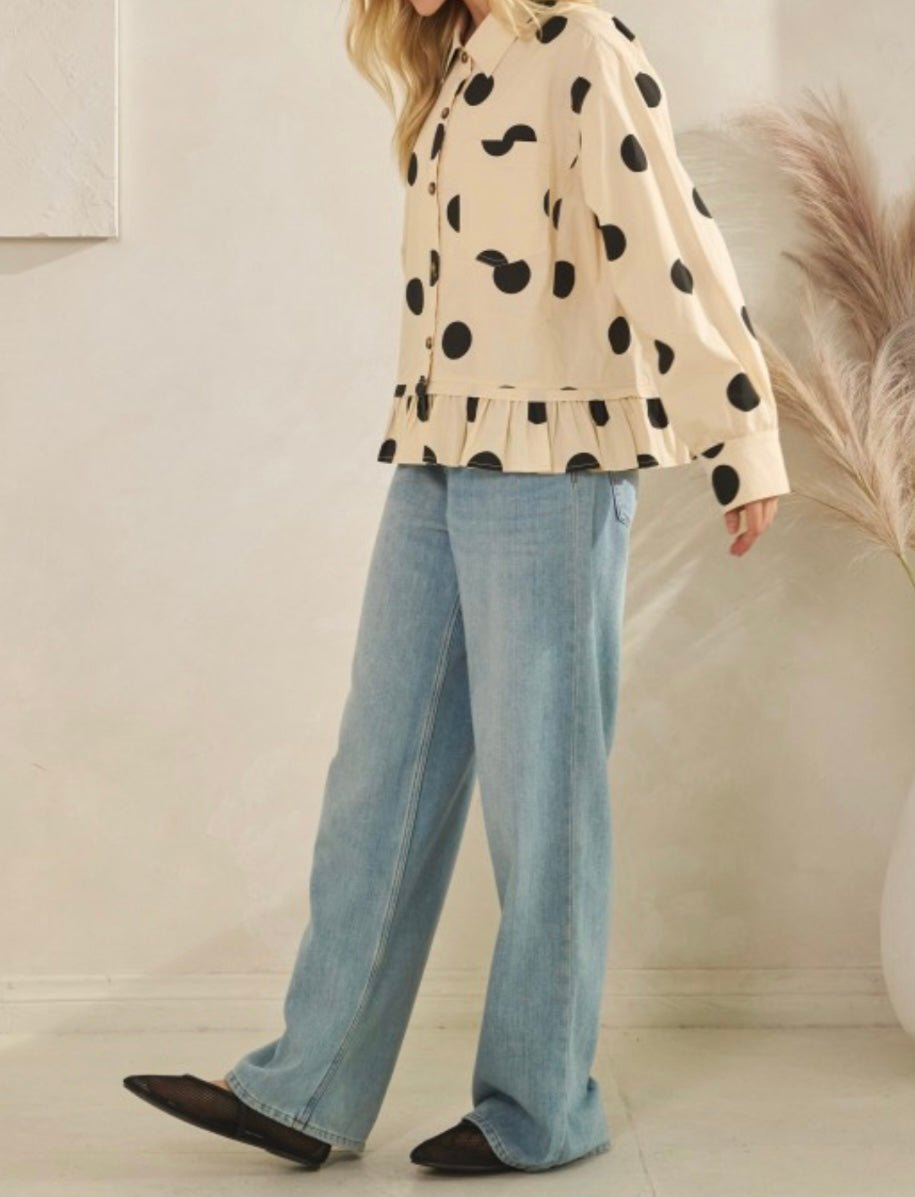 Polka Dot Ruffle Hem Long Sleeve blouse - Bella Boutique & Bellasbylola.com
