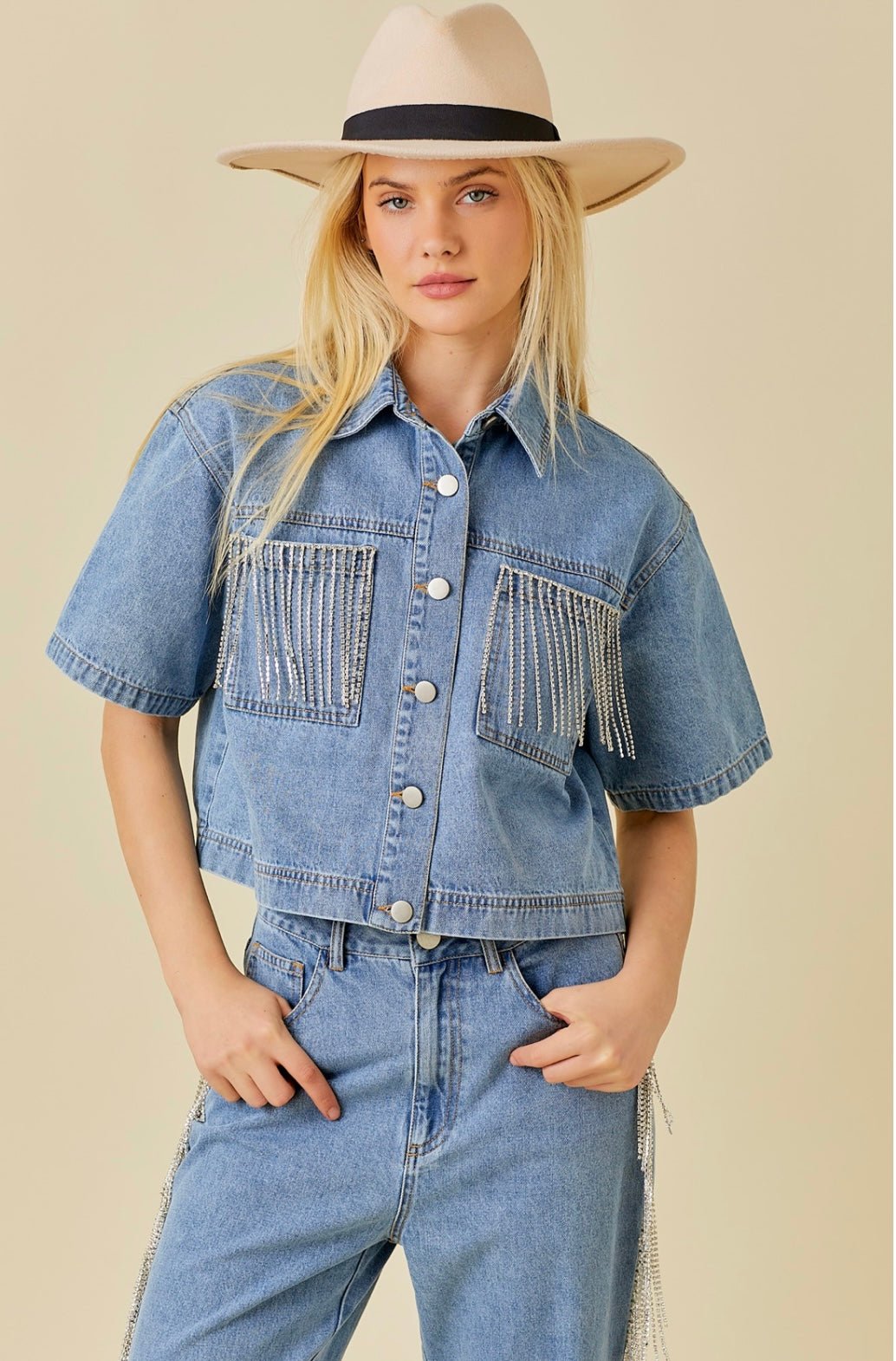 Pocket Falling Rhinestone Trim Denim Crop Shirt - Bella Boutique & Bellasbylola.com