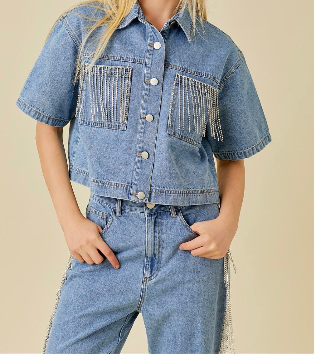 Pocket Falling Rhinestone Trim Denim Crop Shirt - Bella Boutique & Bellasbylola.com